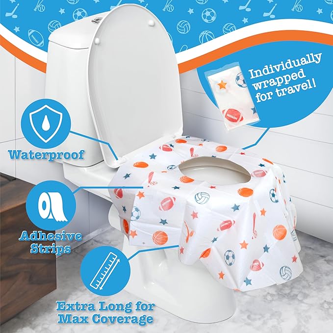 Toilet Seat Covers Disposable (6 Pack, Sports) - XL Waterproof Toilet Cover for Toddlers, Kids & Adults - Portable & Individually Wrapped for Travel, Potty Training & Public Restrooms
