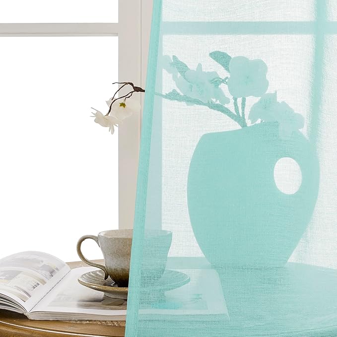 Tollpiz Sheer Curtains Closet Linen Textured Curtain Sheers Doorway Light Filtering Voile French Door Rod Pocket Curtains Patio Glass Door, 54 x 63 inches Long, Crystal Blue, Set of 1 Panel