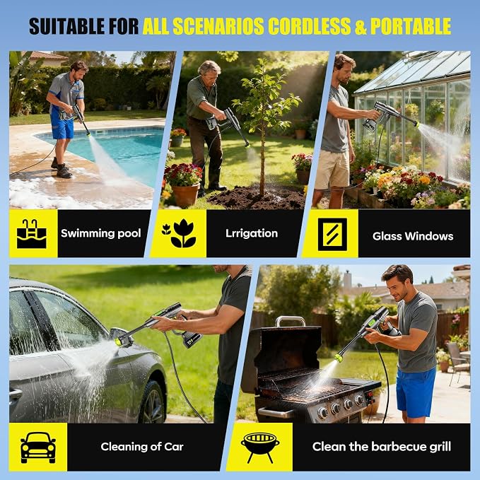 YKYI Cordless Pressure Washer - Battery Powered with 30 Speed Levels, Handheld Portable Sprayer with 6-in-1 Nozzle, 24FT High-Elastic Hose for Car, Garden, Patio Cleaning (Gray)
