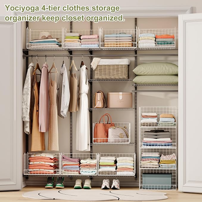 Huxitocan 4-Tier Closet Shelf Organizer - Closet Organizers and Storage Basket, Stackable Closet Storage Bins, Foldable Clothes Organizers and Storage Shelves for Home Closet Organizer System