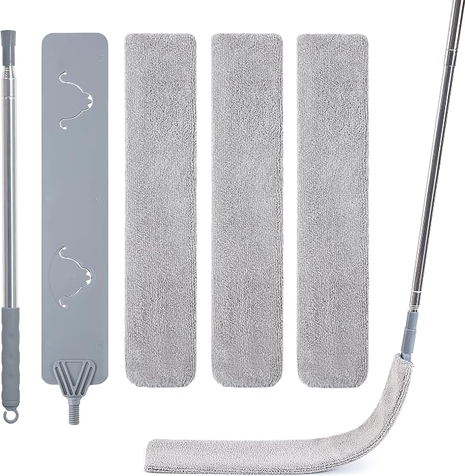 IVYROLL Skinny Duster with Extension Pole for Under Furniture | Under Appliance Cleaning Tool with 3 Microfiber Dusting Cloths, Retractable Flat Duster for Under Refrigerator, Gap