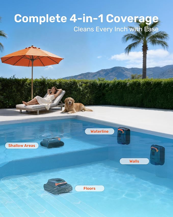 Gosvor LiteVac G1 Pool Vacuum Robot, Wall & Waterline & Platform Cleaning | Up to 200-Min Runtime, 15.2 lbs Lightweight, with Fine Filter, For Inground & Above Ground Pools, APP Support, Orange