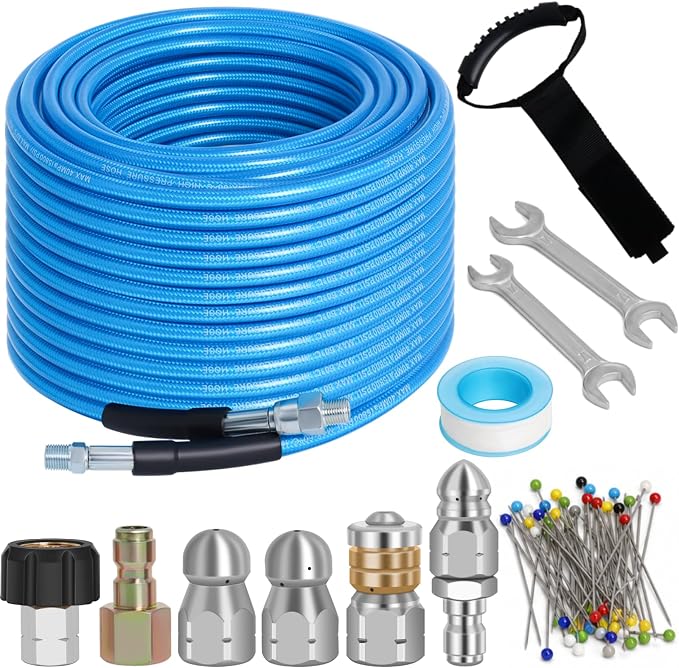 100 FT Sewer Jetter Kit for Pressure Washer, 5800PSI Drain Cleaner Hose | 1/4 Inch NPT Corner with 4 Sewer Jetting Nozzles, Pearl Corsage Pin, Waterproof Tape, Handle Strap&2 Spanner (Blue)