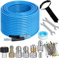 100 FT Sewer Jetter Kit for Pressure Washer, 5800PSI Drain Cleaner Hose | 1/4 Inch NPT Corner with 4 Sewer Jetting Nozzles, Pearl Corsage Pin, Waterproof Tape, Handle Strap&2 Spanner (Blue)