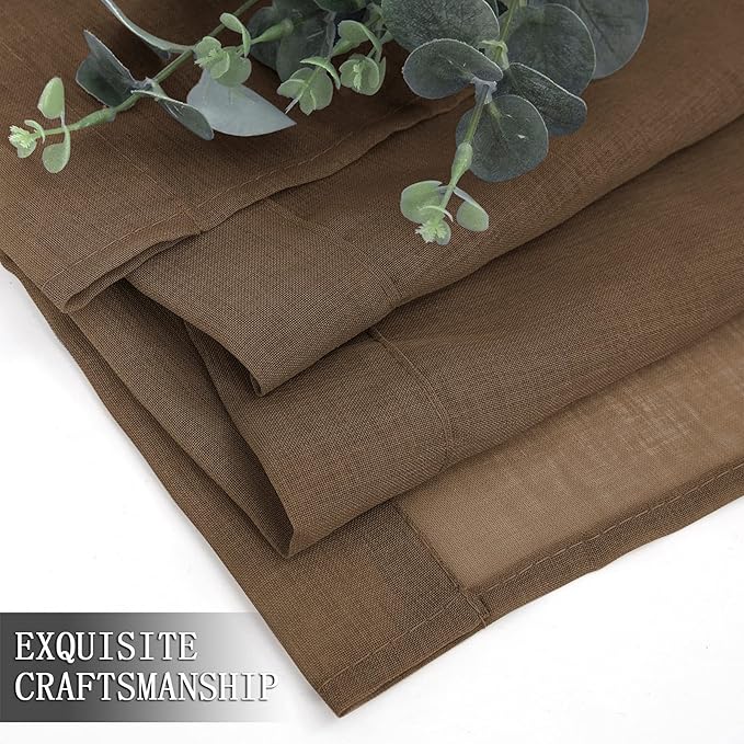 Tollpiz Sheer Curtain Linen Textured Bedroom Curtains Sheer Light Filtering Rod Pocket Voile Curtain for Living Room, 54 x 95 inches Long, Brown, Set of 2 Panels