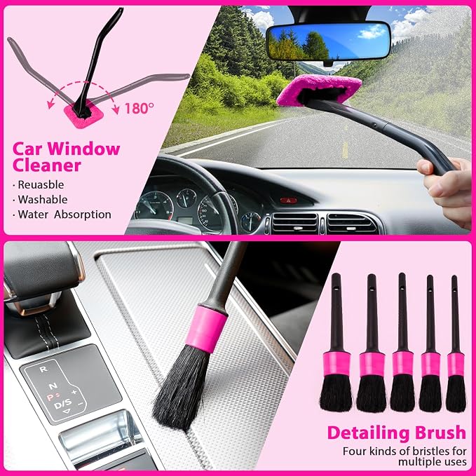 THINKWORK Car Detailing Kit with Vacuum, Pink Car Cleaning Accessories Set | 8000PA High Suction/High power Cordless Vacuum Cleaner,Led Light, Interior deep cleaning, 22Pcs,Home & Vehicle,Gift for Women