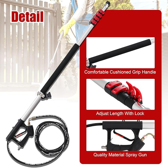 24 FT Telescoping Pressure Washer Wand, with 3 Curve Wands | Telescopic Gutter Cleaner With 7 Spray Nozzle Tips, Adjustable Support Belt and 2 Adapters, 4000 PSI
