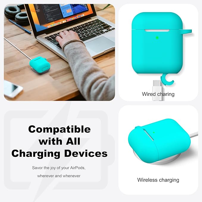 R-fun for AirPods 1/2 Case, Soft Silicone Protective Cover with Keychain and Cleaning Pen, Compatible with AirPods 2nd/1st Generation (2016/2019), Full Drop Protection Cover, New Teal