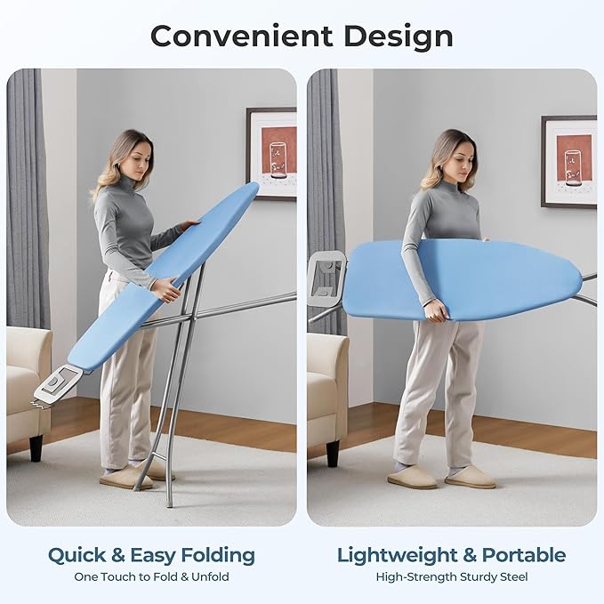 Yaheetech Foldable Ironing Board, Heavy Duty Iron Board with 9 Adjustable Heights, 4 Layer Cover and Safety Iron Rest, 52X14 Compact and Space Save Iron Board for Home Laundry Room Use, Blue