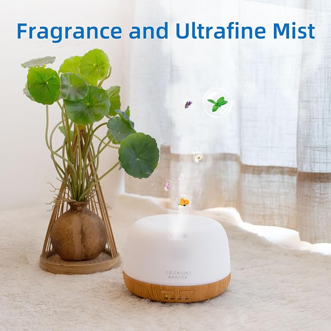 ASAKUKI Essential Oil Diffuser, 300ml Aromatherapy Oil Humidifier | Ultrasonic Diffuser with 7 Colors LED Lights, 2 Mist Mode for Home Bedroom (Wood Grain)