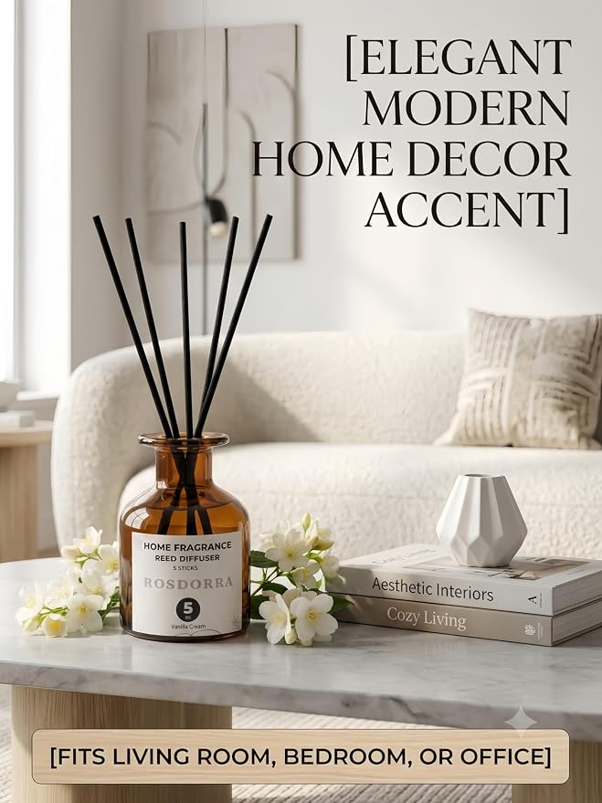 Reed Diffuser Set, 5oz, Vanilla Cream Cozy Scent | Home Fragrance w/5 Fiber Sticks, Rich Vanilla Cream Scent, 90-Day Diffusion, Pet-Safe Home Gift for Bath & Bedroom