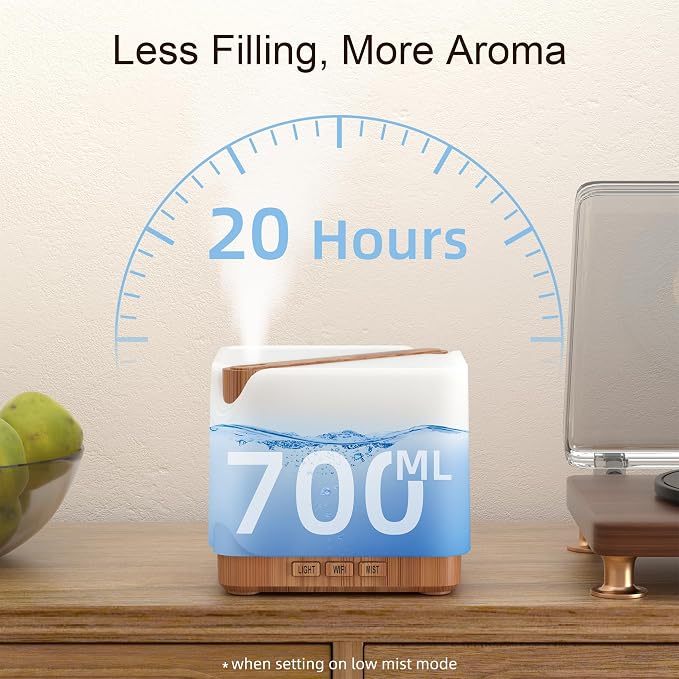 ASAKUKI Essential Oil Diffuser Smart WiFi Humidifier 700 ml | Easy Connect with Alexa and Google Home, Phone App & Voice Control, Customized Schedule Timers and LED Light