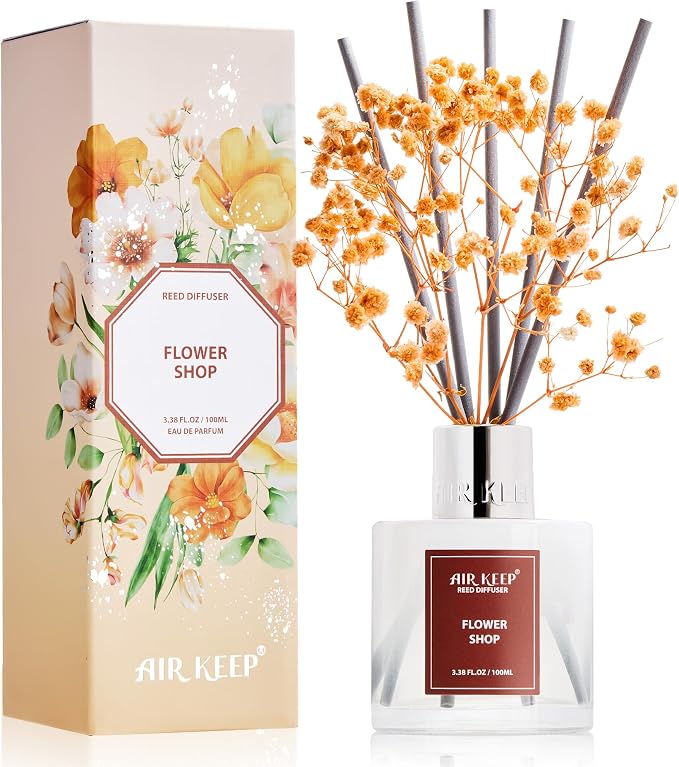 Reed Diffuser Set,3.38 fl oz (100 ml) - Flower Shop Oil Diffusers with 8 Reed Sticks, Home Fragrance Reed Diffuser for Bathroom Shelf Decor