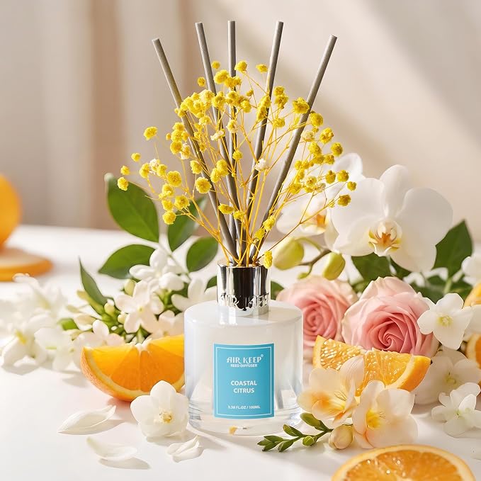 Reed Diffuser Set,3.38 fl oz (100 ml) - Coastal Citrus Oil Diffusers with 8 Reed Sticks, Home Fragrance Reed Diffuser for Bathroom Shelf Decor