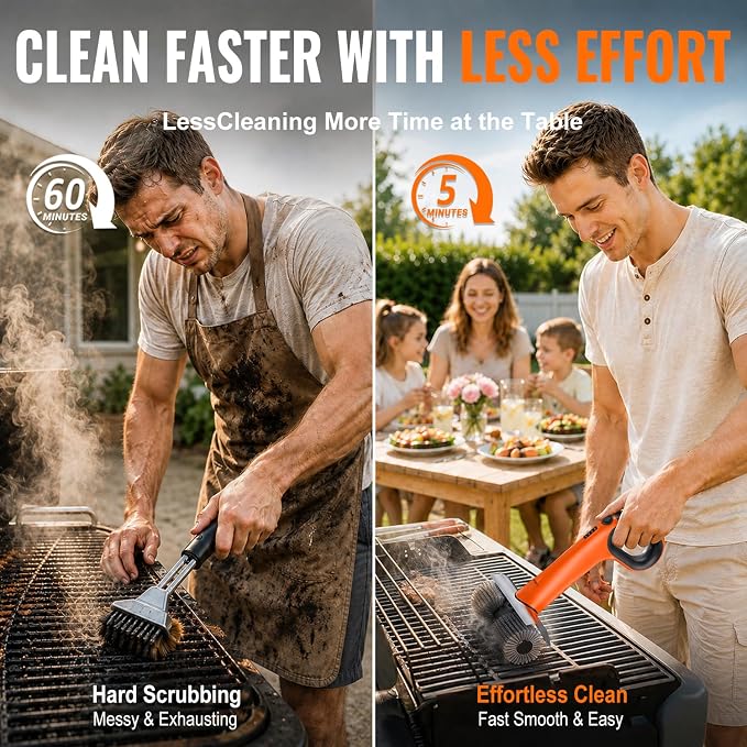 Electric Grill Brush - Dual Rotating Heads Cordless BBQ Grill Cleaner, 450 RPM Motorized Power Grill Cleaning Brush with LED Light, 6-Piece Replaceable Brush Set Safe for Most Outdoor Grill Grates