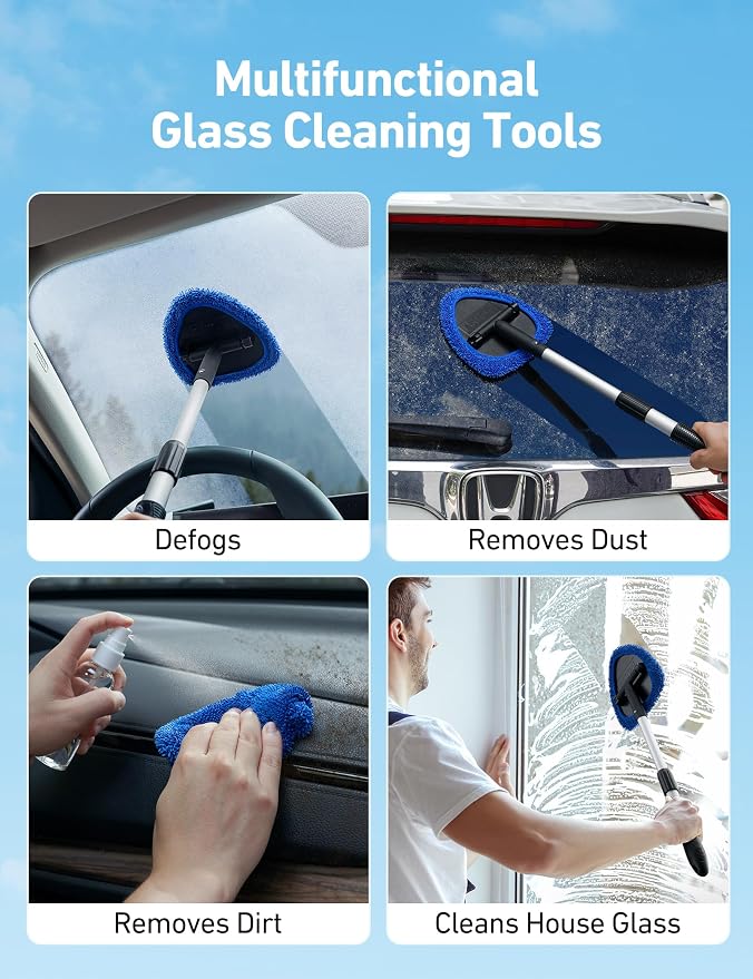 AstroAI 5pcs Windshield Cleaner Tool & Car Window Cleaning Kit | Extendable Handle, 1 39in Car Mirror Squeegee, 4 Reusable Microfiber Pads, Perfect for Auto & Home Windows, Blue