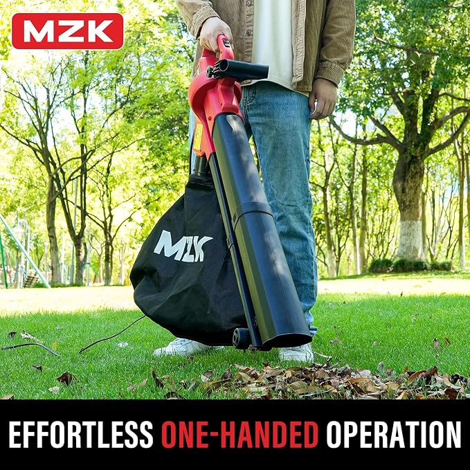 MZK 3-in-1 Electric Leaf Blower Vacuum Mulcher, Corded | Blows, vacuums, and mulches leaves with 460 CFM airflow and 40L bag for gardens, yards, and walkways.
