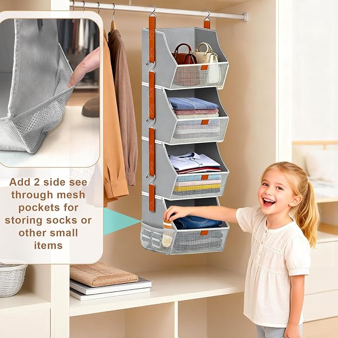 Fabric Hanging Closet Clothes Organizers and Storage Detachable 4 Tier | Hanging Clothes Organizers for Bedroom,Dorm,RV,,Camper,See Through Front Panel,Space-Saving,Can Be Separated Individually