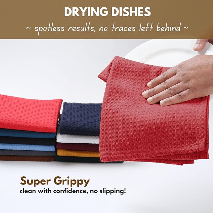 Native Fab Cotton Kitchen Towel with Hanging Loop 16x26 inches, 4-Pack, Waffle Weave Kitchen Towels for Cleaning Drying, Washcloths Soft & Absorbent Cloth Rags, Bar Towel, Dish Cloth, Red
