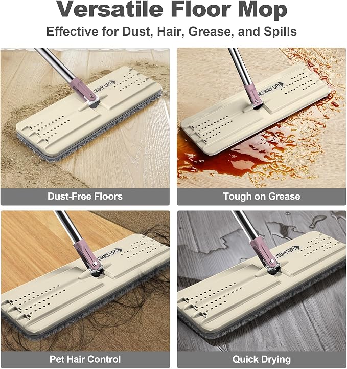 JOYMOOP Flat Mop System, Microfiber Cleaning System for Floor Cleaning and Wall Use, 50" Handle with 13" Flat Head, Beige & Blush Brown