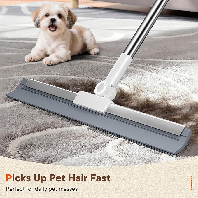 2-in-1 Floor Squeegee Broom, 180-Degree Head, 2 Microfiber Pads | 62-Inch Long Handle for Water Removal and Pet Hair on Tile and Concrete in Bathrooms, Kitchens, Showers, Garages and Patios