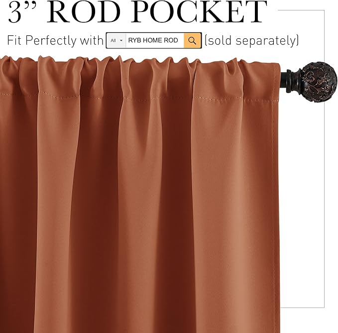 RYB HOME Bedroom Curtains Short - Blackout Privacy Energy Saving Curtains for RV Bunk Camper Bedroom Basement Kitchen Door Window Decor, 52" Width x 36" Length, Burnt Orange, 2 Pcs