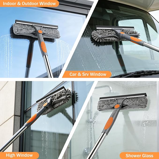 SetSail Window Squeegee with 66in Extension Pole 2-in-1 Window Cleaning Kit | Professional Window Cleaner Tool for Outdoor Indoor Car Windows Glass, Rotatable Head and 2 Scrubbers, Grey Orange