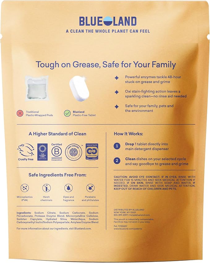 BLUELAND 100% Plastic-Free Dishwasher Detergent Tablets, 60 Count, Lemon Zest Scent, Eco Friendly Dishwashing Pods, Cuts Grease & Stuck on Food, Rinses Clean for Streak-Free Shine