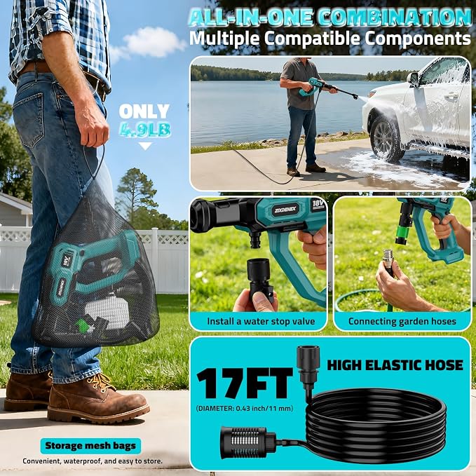 Cordless Portable Washer for Makita 18V Battery, 1000 PSI Portable Handheld Washer with Brushless Motor, 6-in-1 Nozzle, 3 Level Adjustable for Car Yard Fence Wall Clean (Battery Not Included)