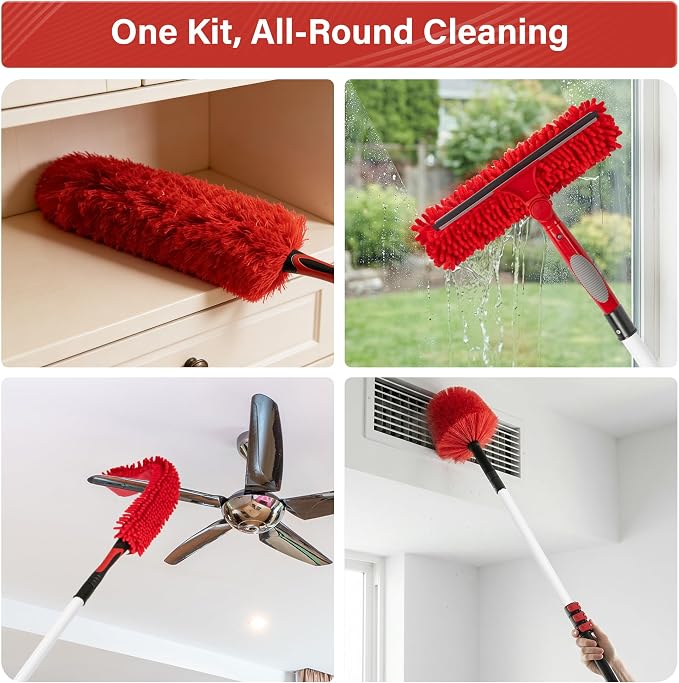 20FT High Reach Ceiling Duster Kit with 5-12ft Extension Pole – Fan & Cobweb Cleaner, Microfiber Feather Duster, 2-in-1 Window Squeegee, 270° Rotating Head, Reusable & Washable, Wall-Mount Rack