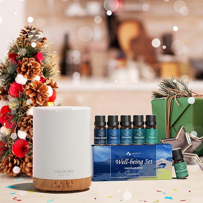 ASAKUKI Essential Oil Diffuser for Home with 6 Essential Oil Sets | 300ml Quiet Diffuser with Automatic Shut-Off, 7 LED Lights for Living Room, Kitchen, Bedroom, Hotel