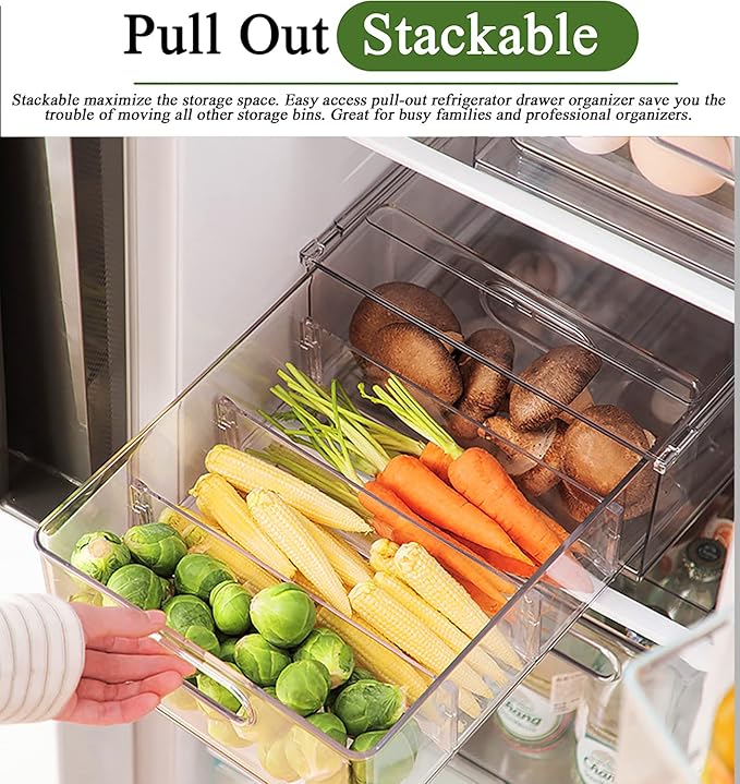 bealy 3 Pack Fridge Organizer and Storage,Clear Storge Bins with Pull-out Drawer, Fridge Drawers Clear Stackable Storage Bins Containers for Freezer, Refrigerator, Pantry, Kitchen