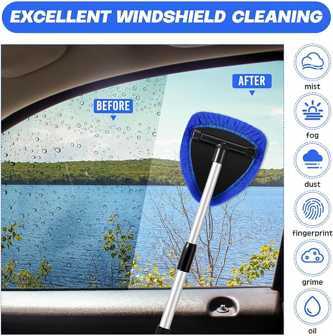 Potchen 8pcs Car Windshield Cleaner Tool with Extendable Handle, Blue | with Microfiber Towel Pads, Brush, Empty Spray Bottle, Car Window Cleaner for Auto Glass Wiper Suvs Rvs & Home Windows