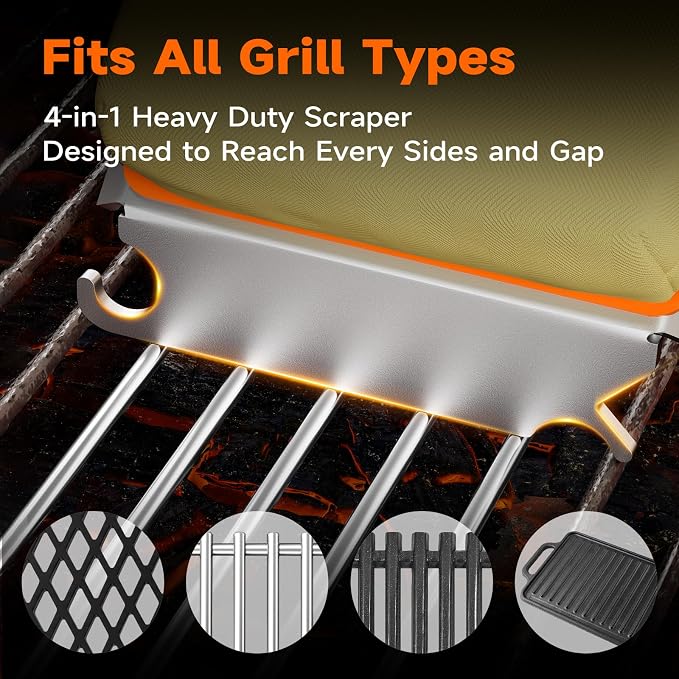 Grill Brush Bristle-Free with Scraper, Kevlar Steam BBQ Cleaner, Orange | Non-Metal Bristle, Replaceable Head, 17" Handle, 4-in-1 Scraper, for Porcelain, Ceramic, Stainless Steel, Cast Iron Grate