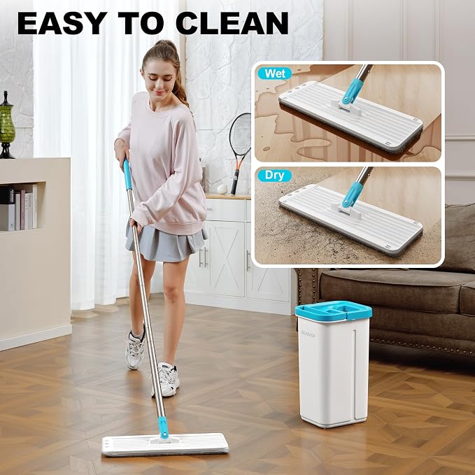 Mop and Bucket Set, Mops for Floor Cleaning Turquoise-Cyan, 60" Long Handle Wall Mop, Squeeze Flat Mop and Bucket System, Dry & Wet Dust Mop for Household Cleaning with 2 Microfiber Mops