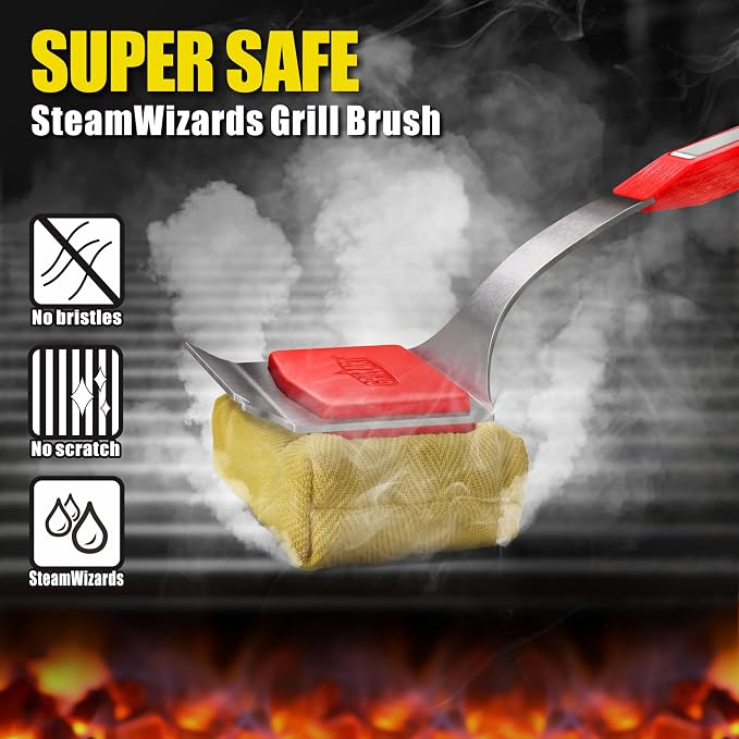 GRILLART SteamWizards Grill Brush Bristle Free, Seamless-Fit Scrub Scraper | Safe Durable Replaceable Head, Flexible Sturdy Handle, For All BBQ Grates, Heat-Resistant, Steam Cleaning Tool, Daddy Gifts