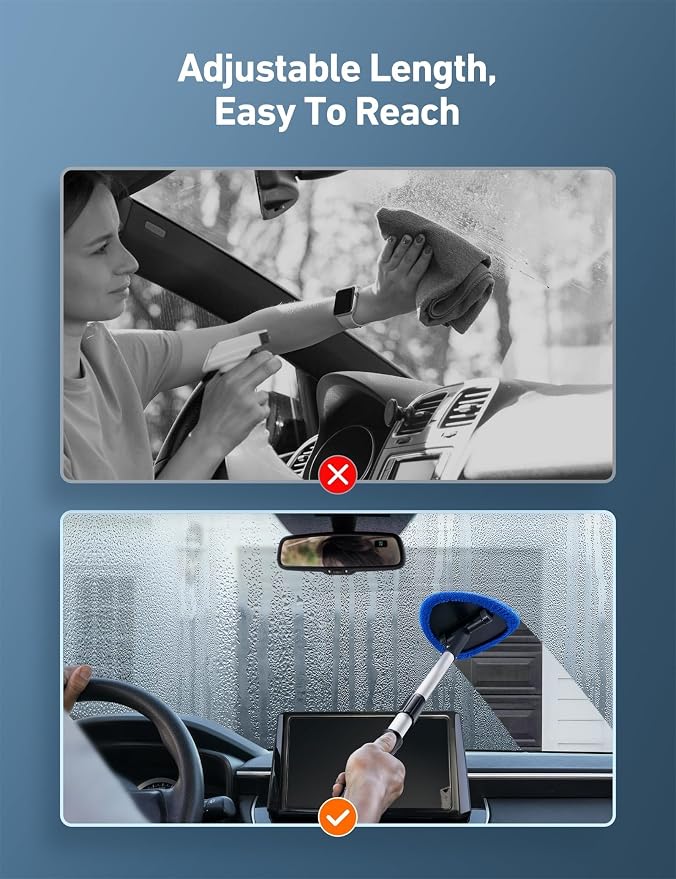 Windshield Cleaning Tool with Extendable Handle, Car Interior Window Cleaner Kit with 4 Reusable Microfiber Pads, Inside Windshield Cleaner for Auto & Home Glass