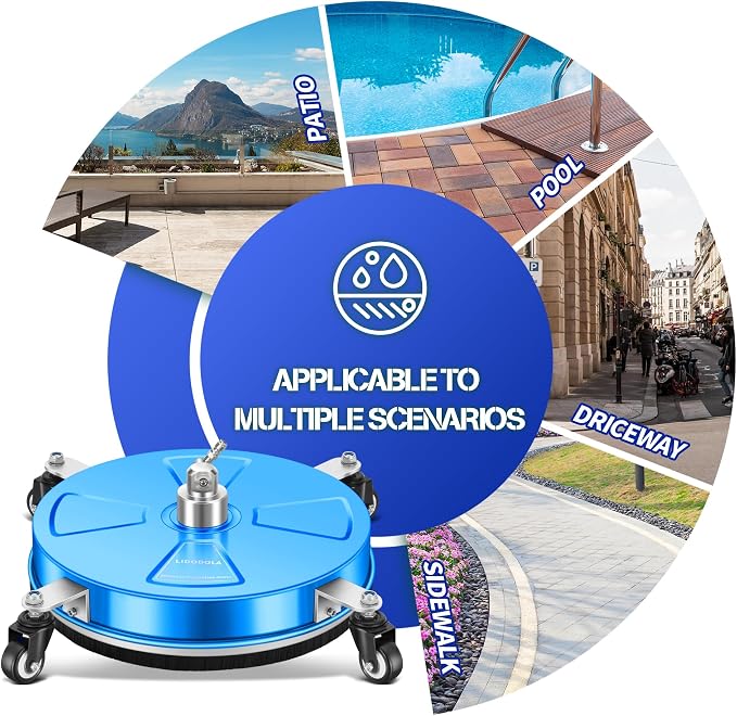 LidoDola 16'' Pressure Washer Surface Cleaner Blue, Power Washer Accessory | Stainless Steel Housing with 4 Wheels, 1/4" QC, 2 Extension Wands & 2 Replacement Nozzles, for Gas & Electric Pressure Washer