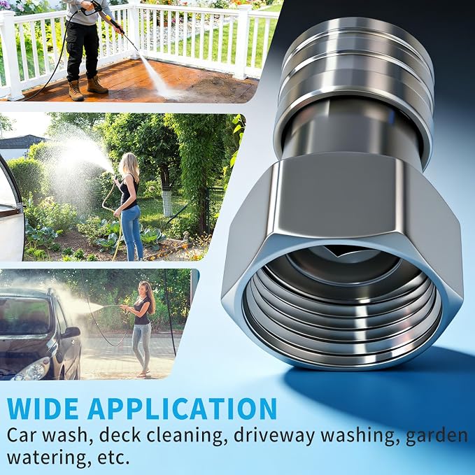 Stainless Steel Garden Hose to Pressure Washer Adapter for Car Wash Nozzle and Sprayer Attachment 3/4” GHT to 1/4” Quick Connect Convert Water Hoses to Power Washer Connector