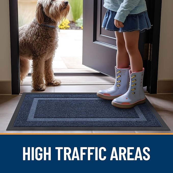OLANLY Front Door Mat Indoor Outdoor Entrance, Waterproof All-Season, All-Weather Doormat, Sturdy Natural Rubber, Fade Resistant, Low Profile, Easy Clean Patio Porch Entryway Mat, 29.5x17, Blue