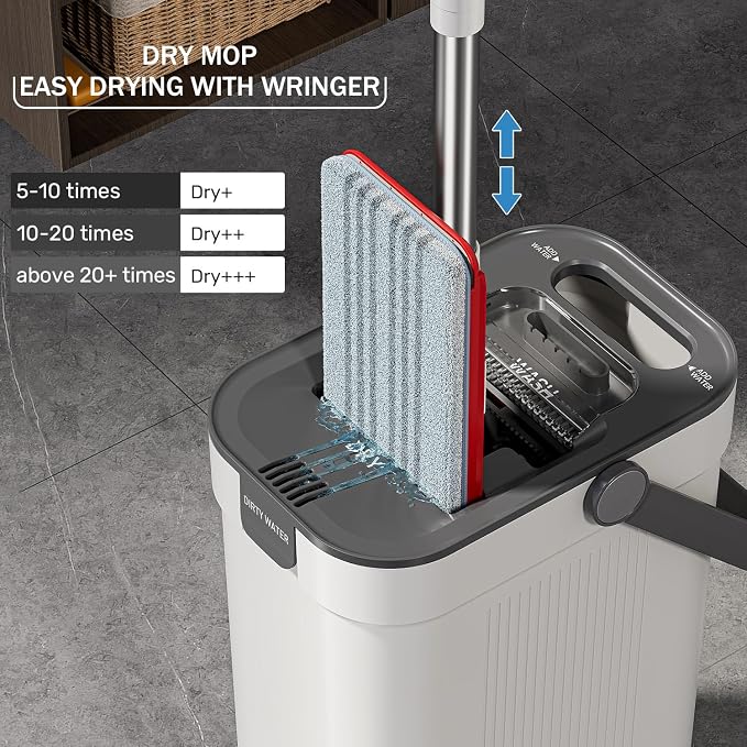 HoMettler Mop and Bucket Set, 3-Tank Flat Mop and Bucket System for Separate Dirty & Clean Water, 65" Mops for Floor Cleaning with 6 Washable Pads, Safe for Hardwood, Vinyl, Tile, Baseboards, Walls