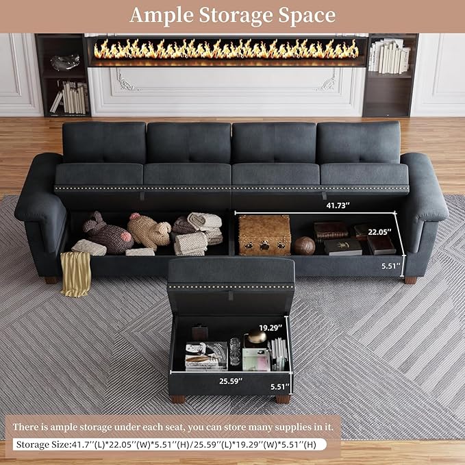 JAMFLY 108" Modular Sectional Sofa with Storage, L Shaped Sofa Couch with Reversible Ottoman, 4-Seat Convertible Sectional Couches with Cup Holders for Living Room, Apartment, Dark Grey