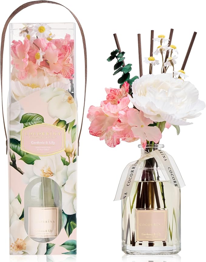 Reed Diffuser - Gardenia & Lily 8.5 Fl.oz Flower Reed Diffuser with Sticks, Bedroom Bathroom Shelf Decor (Floral Basket Collection)