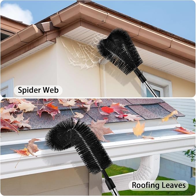 10.5FT Gutter Cleaning Tools from the Ground, Adjustable Long Handle Gutter Cleaner Include 8 Stainless Steel Telescoping Poles & 2 Gutter Cleaning Brush Easily Remove Leaves and Debris from Gutters