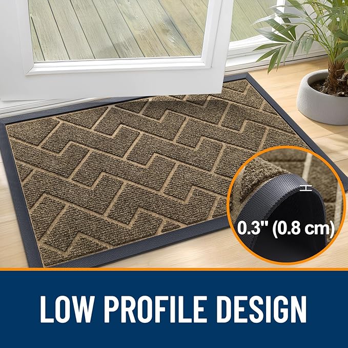 OLANLY Front Door Mat Indoor Outdoor Entrance, Waterproof All-Season, All-Weather Doormat, Sturdy Natural Rubber, Low Profile, Easy Clean Patio Porch Entryway Mat, Herringbone Brick (Brown, 29.5x17)