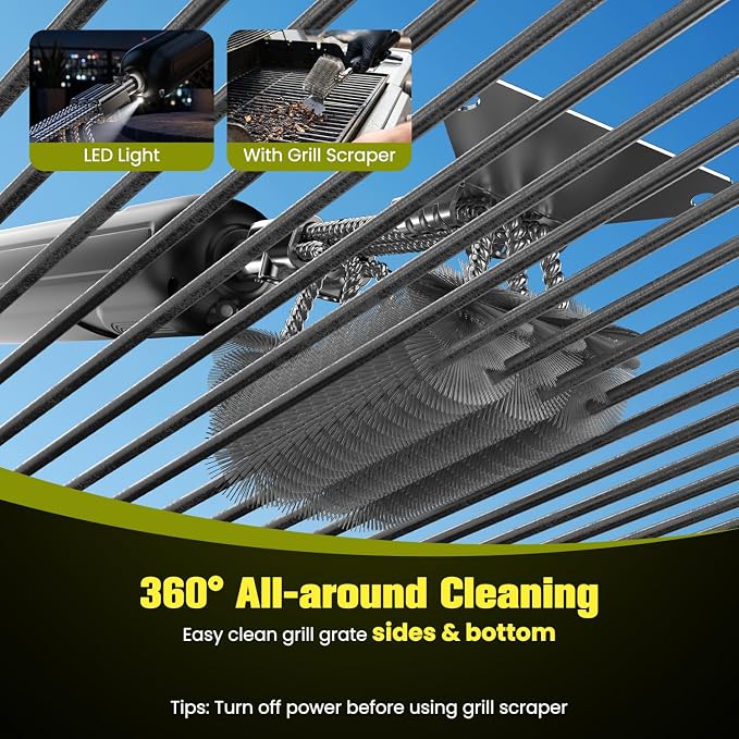 Electric Grill Brush with Scraper, 20kg High-Torque Power BBQ Grill Cleaner, Dual Mode (Auto/Manual), 2-Speed Rechargeable, LED Light, Reaches Grill Grate Sides & Corners, Gift for Dad/Men