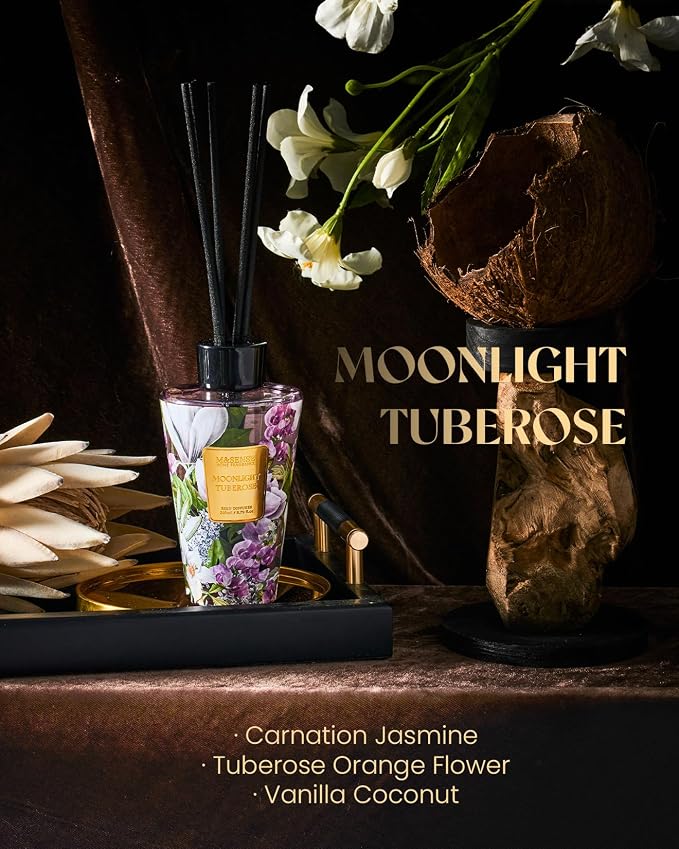M&SENSE Reed Diffuser, Moonlight Tuberose, 8.79 oz Natural Essential Oil | Non-Toxic Organic, Long-Lasting Fragrance, Ideal for Living Room, Bedroom, Gifts for Women