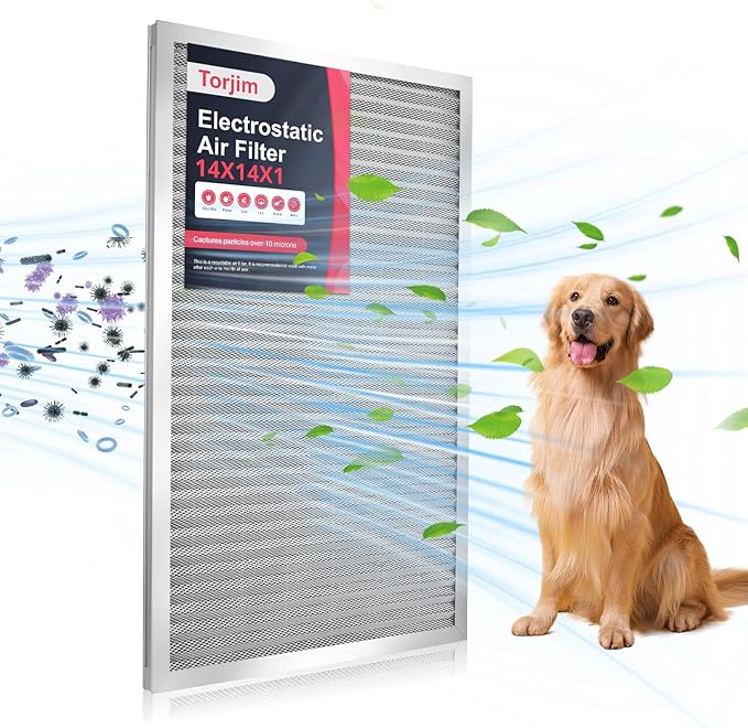 Torjim 14x14x1 MERV8 Washable & Reusable Electrostatic Air Filter - AC/HVAC Furnace Filter, Permanent, Easy Install