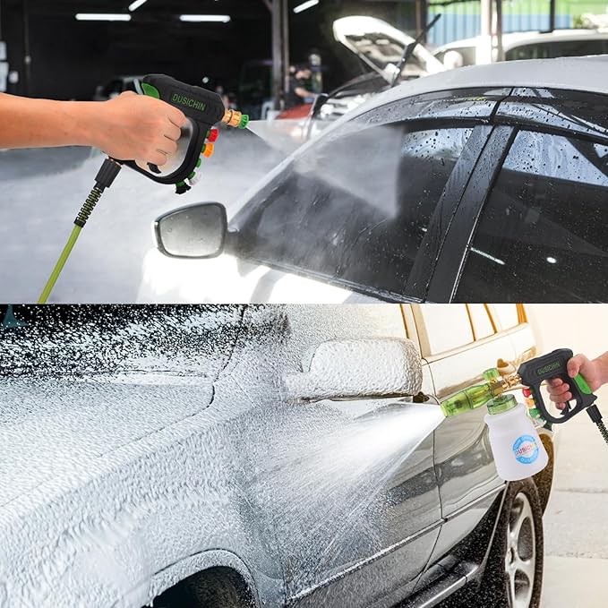 Pressure Washer Accessory Short Handle Foam Cannon | 3000 PSI Car Wash Kit Snow Foam Lance Snubby Gun Sprayer 1/4" Quick Connector 5 Nozzles M22-14mm Fitting 1L Bottle DUS2702