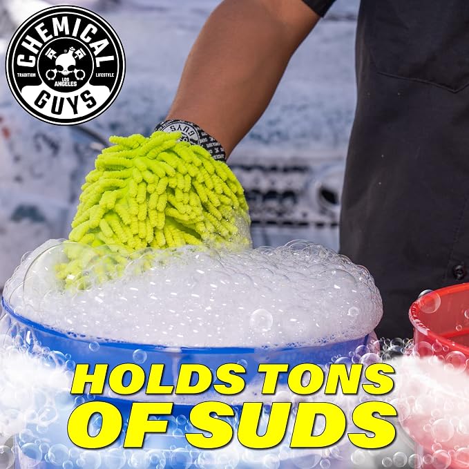 Chemical Guys, Chenille Microfiber Wash Mitt for Cars, Lime Green, Single | Ultra-soft chenille noodles hold thick suds and trap grit, gentle on paint, glass and chrome, machine washable